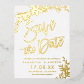 Goudtypografie witte bruiloft met behoud van datum folie uitnodiging briefkaart (Voorkant)