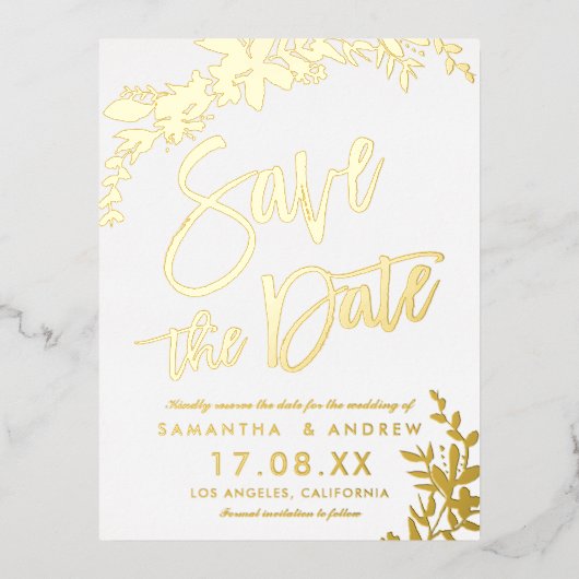 Goudtypografie witte bruiloft met behoud van datum folie uitnodiging briefkaart (Voorkant)