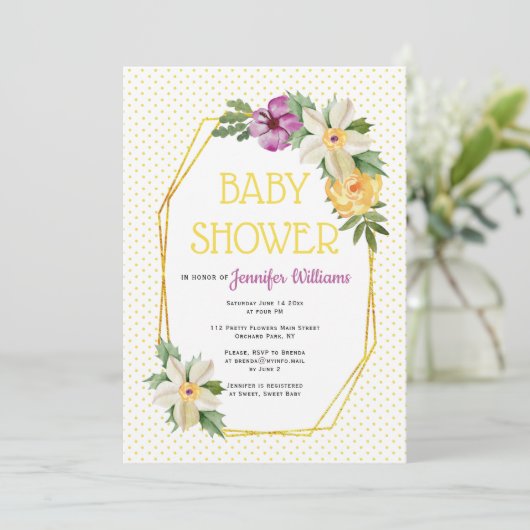 goudveelhoek, bloemen, polka stift baby shower kaart (Staand voorkant)