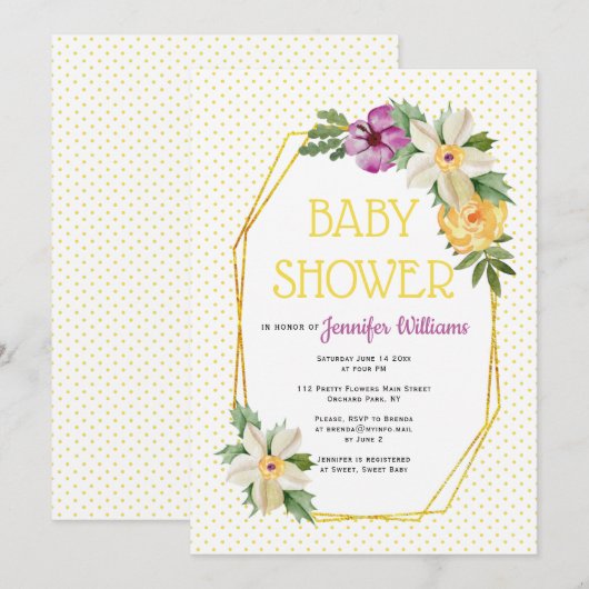 goudveelhoek, bloemen, polka stift baby shower kaart (Voorkant / Achterkant)