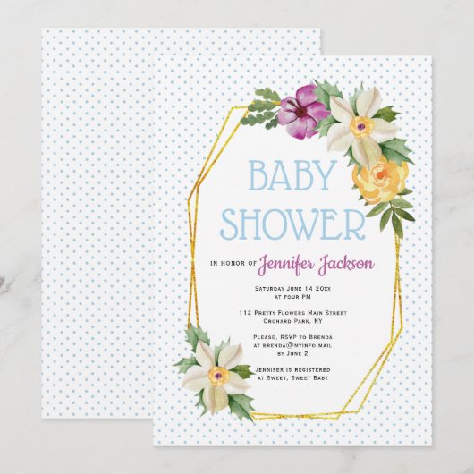 goudveelhoek, bloemen, polka stift baby shower kaart (Voorkant / Achterkant)