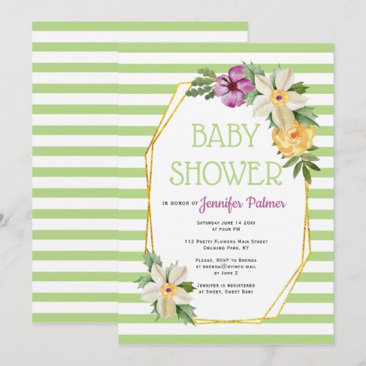 Goudveelhoek en bloemen groen baby shower kaart (Voorkant / Achterkant)