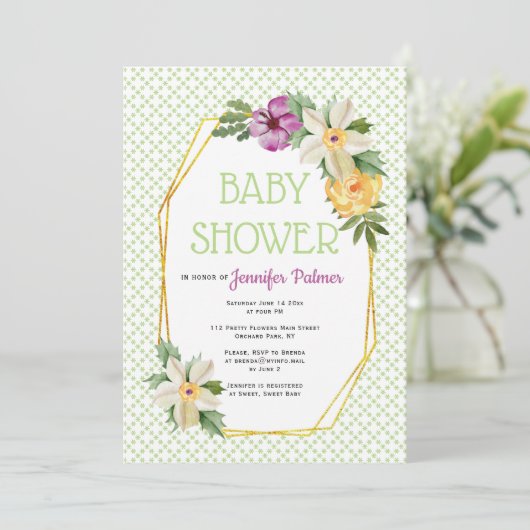 Goudveelhoek en bloemen groen baby shower kaart (Staand voorkant)