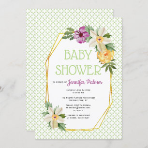 Goudveelhoek en bloemen groen baby shower kaart