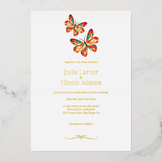 Goudverbrande Sinaasappels vlinder bruiloft Folie Uitnodiging (Voorkant)