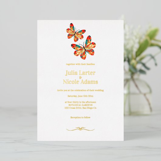 Goudverbrande Sinaasappels vlinder bruiloft Folie Uitnodiging (Staand Voorkant)