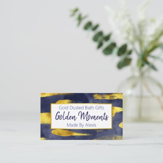 Goudverf op blauwe handgemaakte bath Bomb Soak Soe Visitekaartje (Staand voorkant)