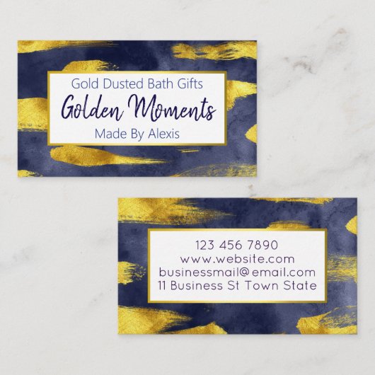 Goudverf op blauwe handgemaakte bath Bomb Soak Soe Visitekaartje (Voorkant / Achterkant)