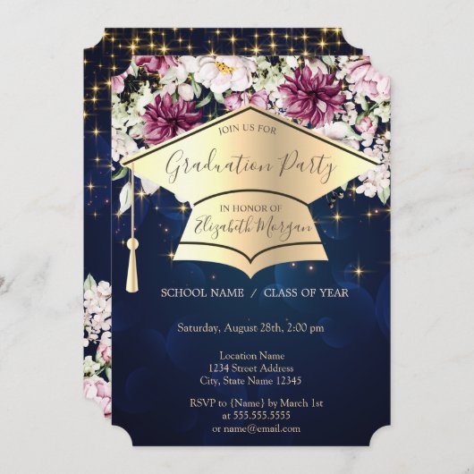 Goudverstuiver, sterren, bloemen blauw Afstuderen Kaart (Voorkant / Achterkant)