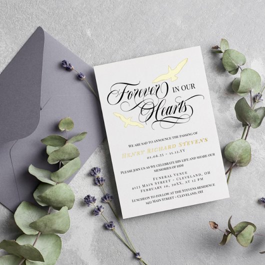 Goudvetten voor altijd in ons hart begrafenis folie uitnodiging