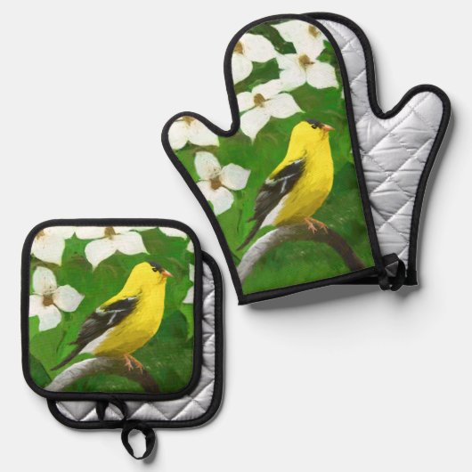 Goudvink in Dogwood Bloesems Originele Vogelkunst Ovenwant & Pannenlap Set (Voorkant / Achterkant)