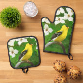 Goudvink in Dogwood Bloesems Originele Vogelkunst Ovenwant & Pannenlap Set (Top down)