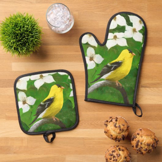 Goudvink in Dogwood Bloesems Originele Vogelkunst Ovenwant & Pannenlap Set (Top down)