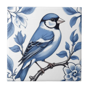 Goudvink Vogel Delfts Blauw en Wit Bloemen Tegeltje