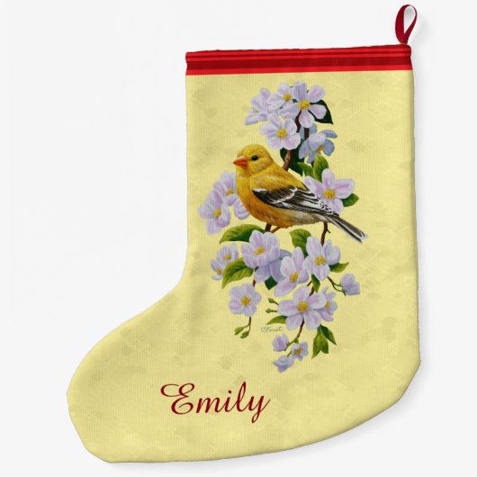 Goudvinken en appelbloesem-geel grote kerstsok (Achterkant)