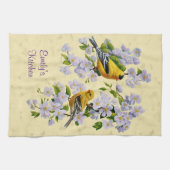 Goudvinken en appelbloesem-geel theedoek (Horizontaal)