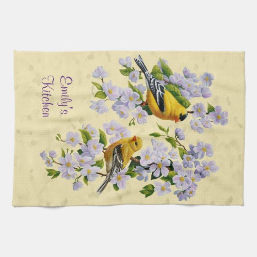Goudvinken en appelbloesem-geel theedoek (Horizontaal)