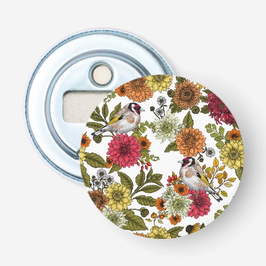 Goudvinken in de tuin button flesopener (Voorkant)