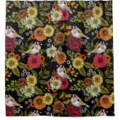 Goudvinken in de tuin op zwart douchegordijn (Voorkant)