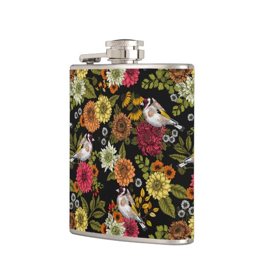 Goudvinken in de tuin op zwart heupfles (Links)