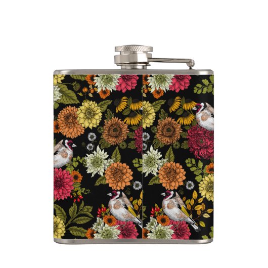 Goudvinken in de tuin op zwart heupfles (Achterkant)