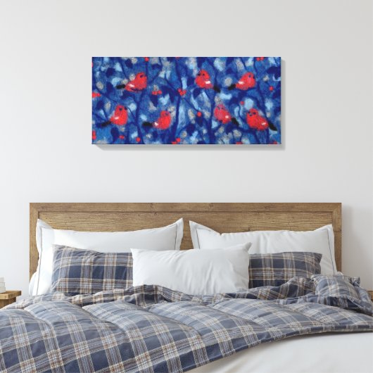 Goudvinken, Rode Vogels Blauwe Bomen Vezelschilder Canvas Afdruk (Insitu (Slaapkamer))