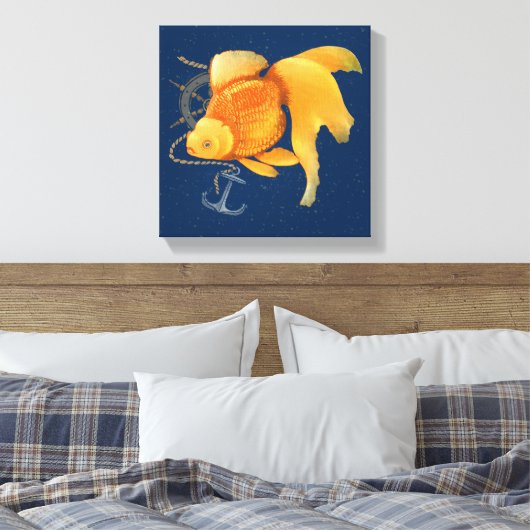 Goudvis Anker Schip Wiel Nautisch Canvas Afdruk (Insitu (Slaapkamer))