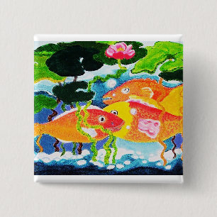 Goudvis en waterlelie vierkante button 5,1 cm
