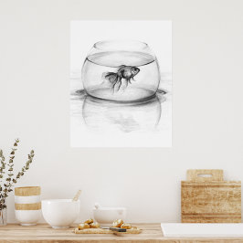 Goudvis in kom en water Potlood tekening kunst Poster