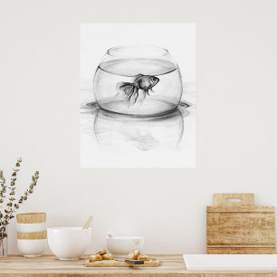 Goudvis in kom en water Potlood tekening kunst Poster
