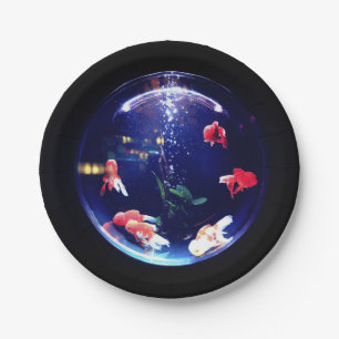 Goudvis kom aquarium blauw zwart oranje papieren bordje