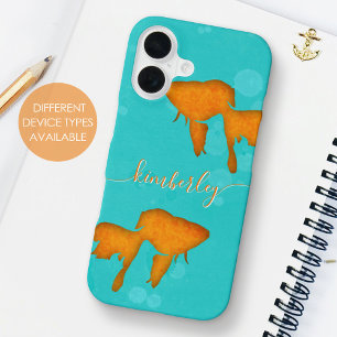 Goudvis Oranje Silhouetten Turquoise Water Naam iPhone 16 Hoesje