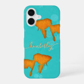 Goudvis Sinaasappel Silhouetten Turkoois Water Naa iPhone 16 Hoesje (Achterkant)