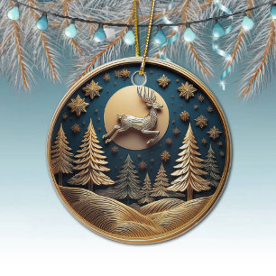 Goudvliegende rendieren, bomen, maan, sneeuw, hert keramisch ornament