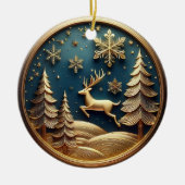 Goudvliegende rendieren, bomen, sneeuwvlokken, her keramisch ornament (Voorkant)