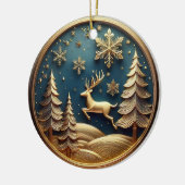 Goudvliegende rendieren, bomen, sneeuwvlokken, her keramisch ornament (Links)
