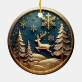 Goudvliegende rendieren, bomen, sneeuwvlokken, her keramisch ornament (Achterkant)