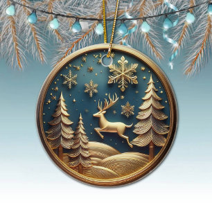 Goudvliegende rendieren, bomen, sneeuwvlokken, her keramisch ornament