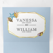 Goudvloerbedekking en strandbruiloft drieluik uitnodiging (Binnenzijde eerst)