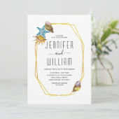 Goudvloerbedekking en strandbruiloft kaart (Staand voorkant)