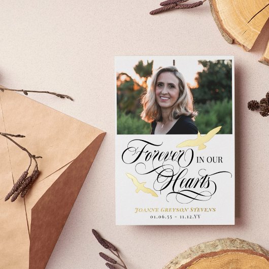 Goudvogels en kalligrafie voor altijd in ons hart folie uitnodiging briefkaart