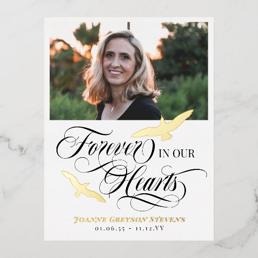 Goudvogels en kalligrafie voor altijd in ons hart folie uitnodiging briefkaart (Voorkant)