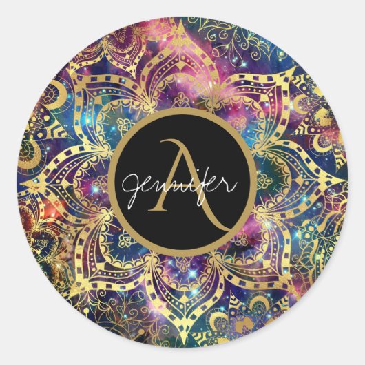 goudwaterverf en nebula floral mandala ronde sticker (Voorkant)