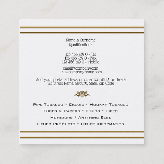 Goudwitte arend, minimale tabakssoorten vierkante visitekaartje (Achterkant)