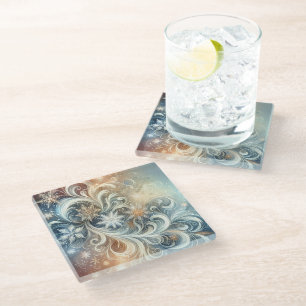 GOUDWITTE BLAUWE FANCY WINTERSNEEUWVLOKKEN GLAZEN ONDERZETTER