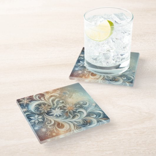 GOUDWITTE BLAUWE FANCY WINTERSNEEUWVLOKKEN GLAZEN ONDERZETTER (Schuin)