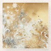 GOUDWITTE BLAUWE FANCY WINTERSNEEUWVLOKKEN GLAZEN ONDERZETTER (Voorkant)