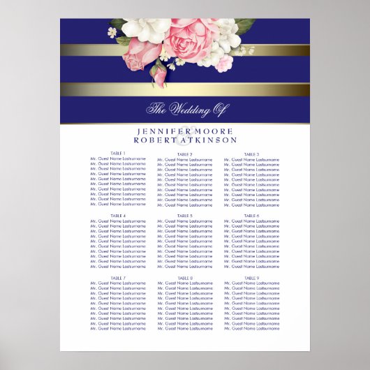 Goudzeemacht en witte Floral Wedding Seating Chart Poster (Voorkant)