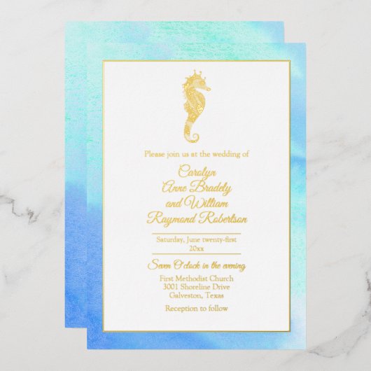 Goudzeepaardje met Waterverf Lijst Folie Uitnodiging (Voorkant / Achterkant)