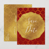 Goudzegel Folie Vurig Rood Indiaas Save the Date Aankondigingskaart (Voorkant / Achterkant)